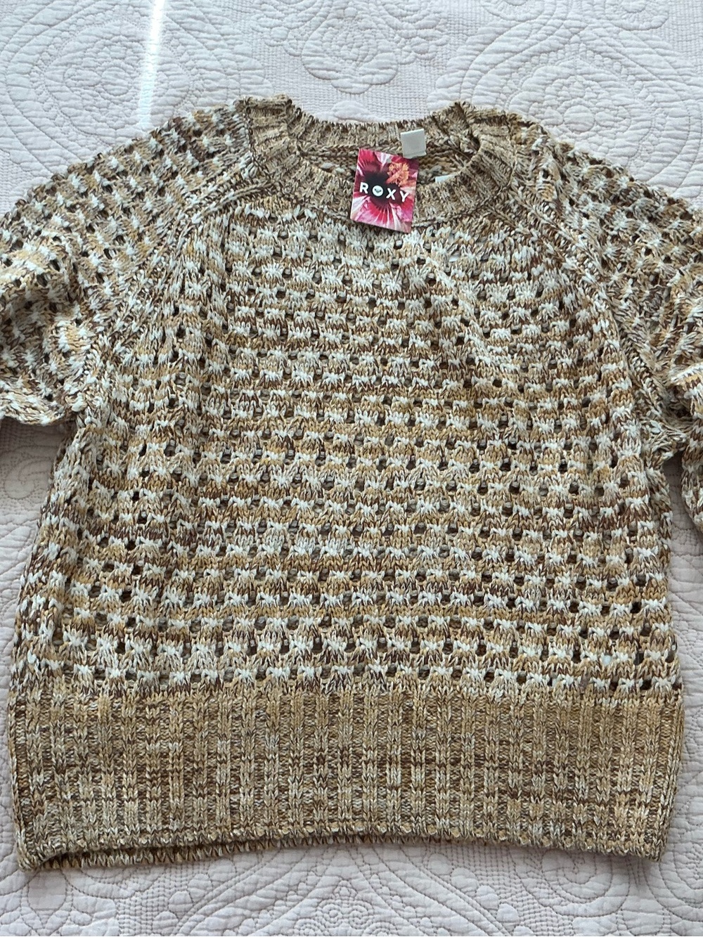 Roxy Tan and Cream Marled Knit Crewneck Sweater